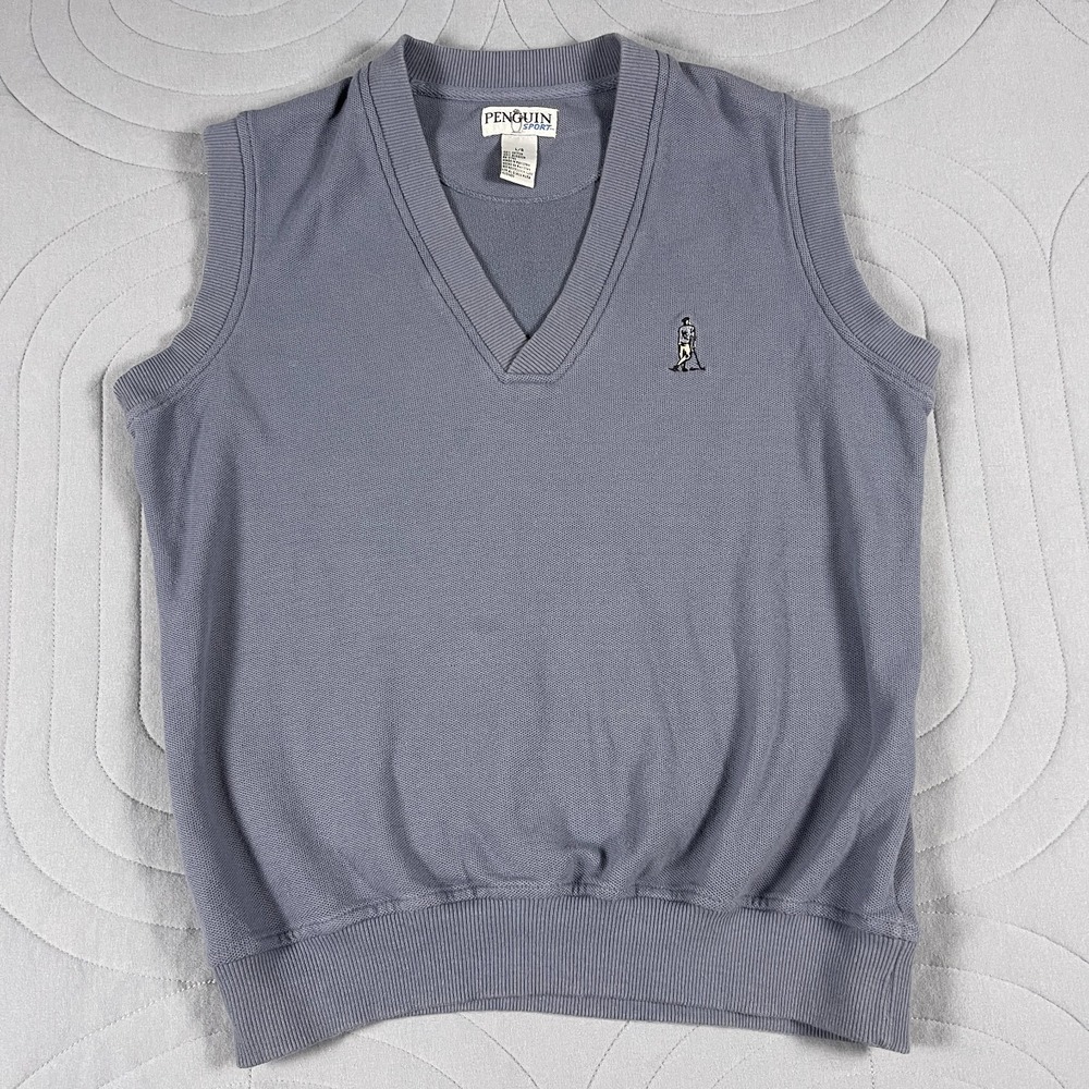 Penguin Sport Mens Golf Vest Size Large L Blue Pullover Vintage Logo V Neck L/G